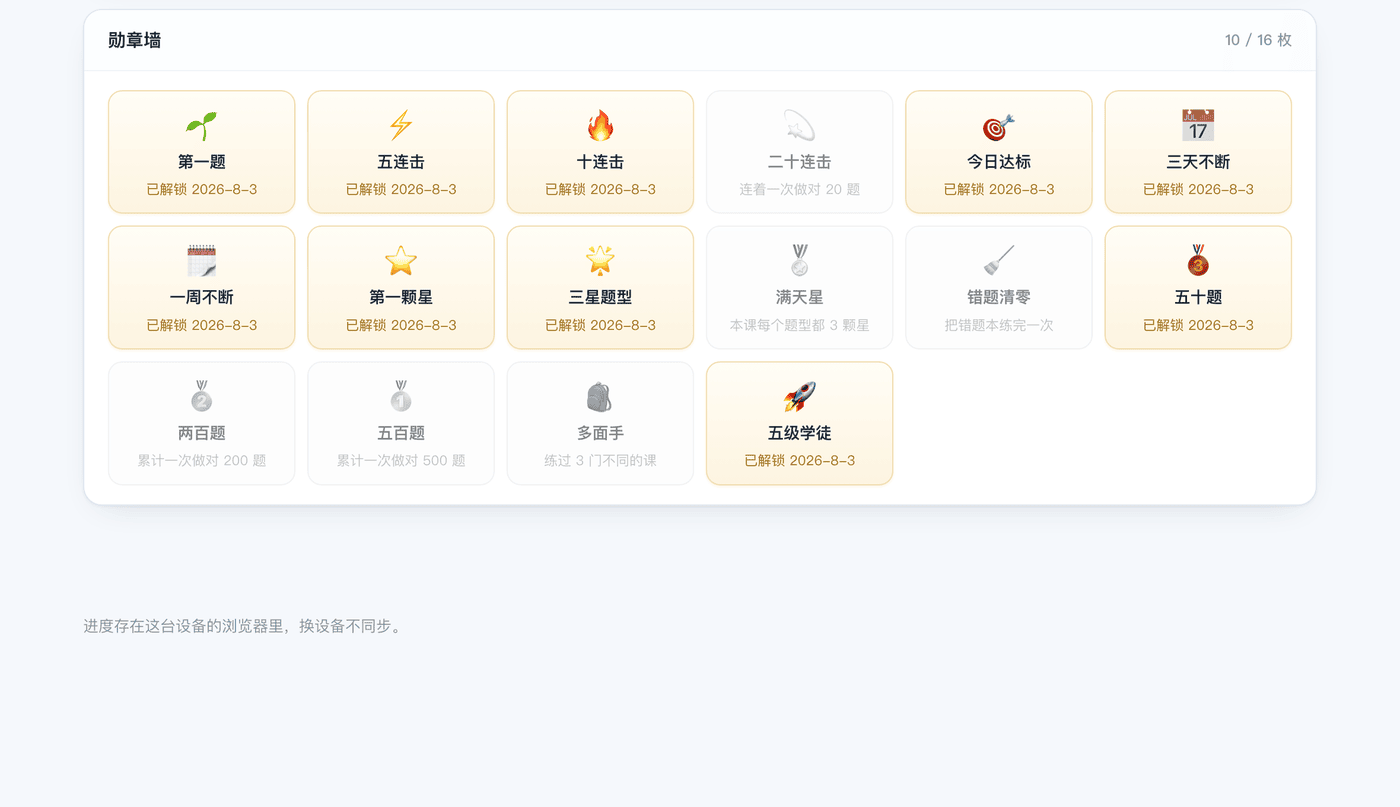 勋章墙：没解锁的也摆着，条件写明白