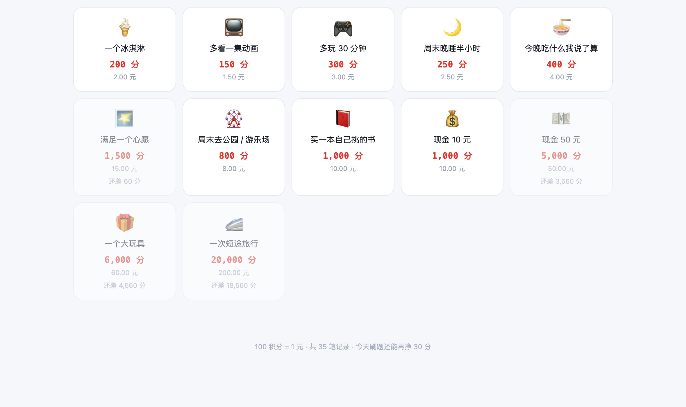 兑换商店：12 件，买得起的亮着，买不起的写着还差多少